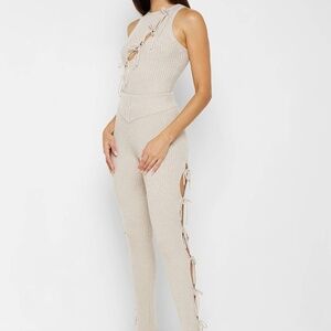 Maniere De Voir Knitted Lace Up Bodysuit and Leggings - Beige SET